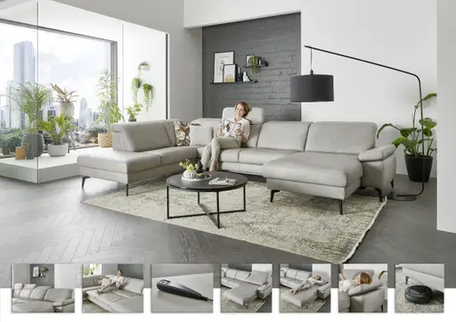 Wohnlandschaft - Ecke links mit 2,5-Sitzer und Longchair rechts, Kopfteil verstellbar, Leder, Alufarben