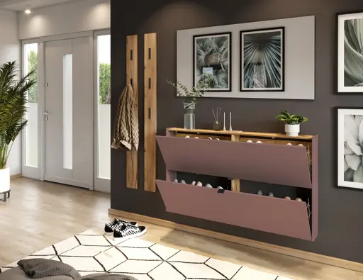 Schuhschrank GIANNA - B ca. 140 cm, Toffee, Navarra Eiche Nachbildung