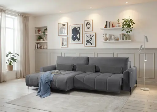 Ecksofa - Longchair links mit 2-Sitzer, Sitztiefe verstellbar motorisch, Stoff, Anthrazit