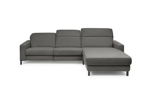 Ecksofa - CALM FLEX 2.0, 3-Sitzer mit Longchari rechts, Kopfteil verstellbar, Stoff, Dunkelgrau