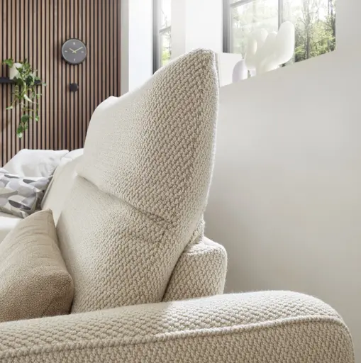 Ecksofa EM Miramar - Longchair links mit 3-Sitzer, Kopfteil/Sitztiefe verstellbar, Stoff, beige