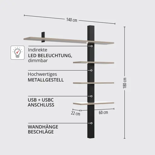 Wohnwand - mit Beleuchtung, B ca. 228 cm, Basalt, Schwarz
