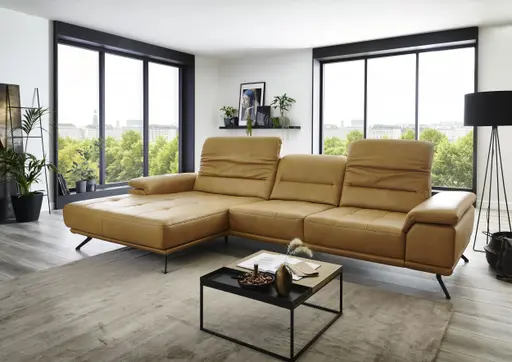 Ecksofa - 3-Sitzer mit Longchair links, Kopfteil verstellbar (manuell), Leder, Kurkuma