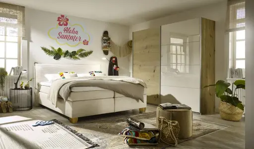 Schwebetürenschrank ROMAN- B ca. 226 cm, Eiche Dekor, Glas, Champagner