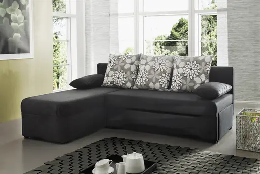 Ecksofa - 2-Sitzer, Ecke rechts inkl. Schlaffunktion und Bettkasten, Stoff schwarz