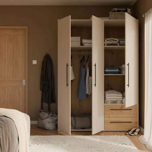  Drehtürenschrank FATHIE- B ca. 144 cm, Sand, Eiche Dekor