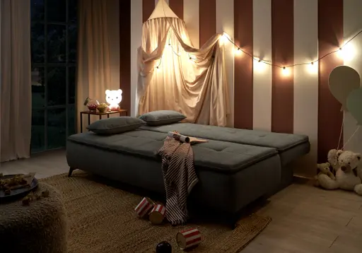 Sofa JANIN - 2-Sitzer, Schlaffunktion mit Bettkasten, Stoff, Dunkelgrün