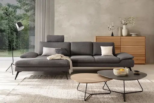 Ecksofa Collina - Longchair links, 2,5-Sitzer inkl. Sitztiefen- u. Armlehehnenverstellung, Stoff, Dunkelgrau