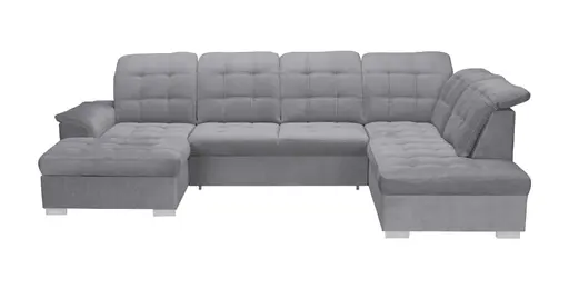 Wohnlandschaft - Longchair links, 1,5-Sitzer, Ecke rechts inkl. Schlaffunktion und Bettkasten, verstellbare Kopfstützen, Stoff, Grau