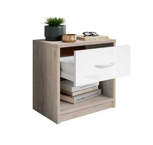 Nachtkommode - Eiche Dekor, Weiß