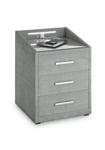 Nachttisch- Grau, mit Glasplatte, inkl. Beleuchtung