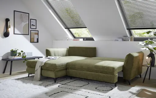 Ecksofa - Longchair links mit 2-Sitzer, Schlaffunktion mit Bettkasten, Stoff, Moosgrün
