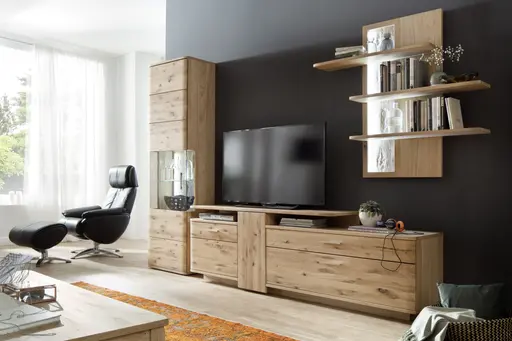 Wohnwand - mit Beleuchtung, Eiche teilmassiv