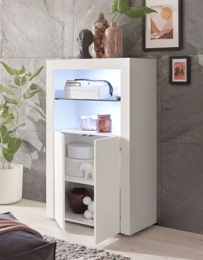 Highboard- Weiß, Weiß, Hochglanz, 