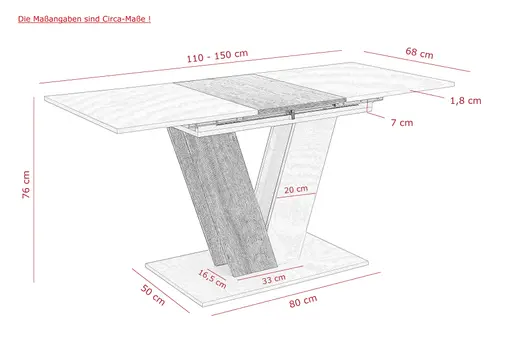 Esstisch - ausziehbar, LB ca. 110x70 cm, Weiß, Artisan Eiche Nachbildung
