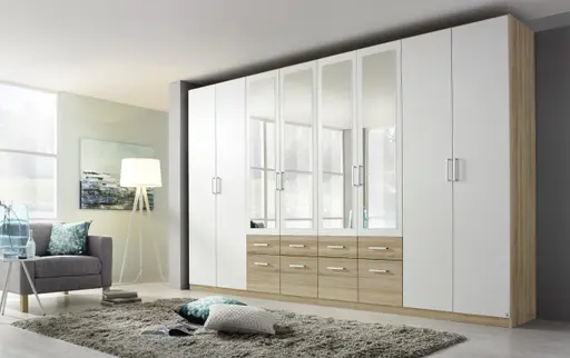 Drehtürenschrank- B ca. 361 cm, Eiche Dekor, Weiß, Spiegel