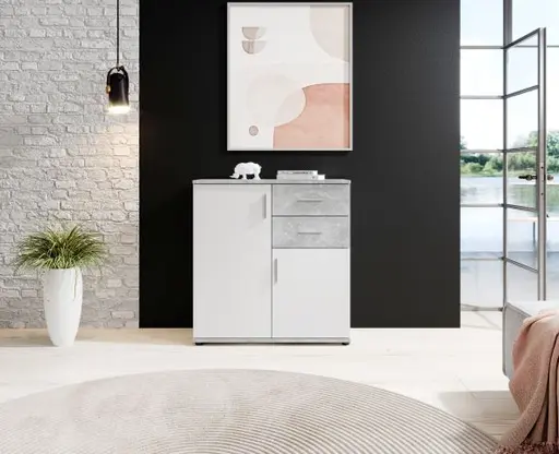 Kommode - B ca. 80 cm, Betonoptik, Weiß