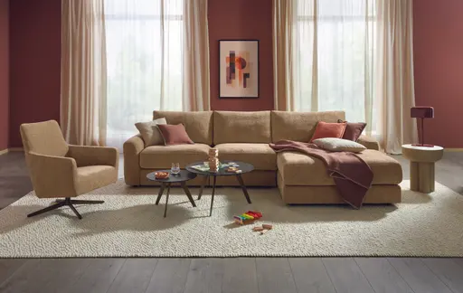 Ecksofa Almeria - 2-Sitzer mit Longchair rechts, Stoff, Hellbraun