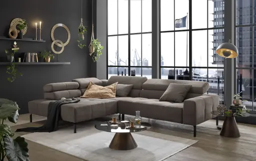 Ecksofa COLLEEN 2.0 - Ecke links mit 2-Sitzer, Kopfteil verstellbar, Feincord, Taupe