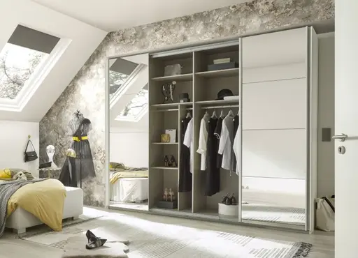 Schwebetürenschrank RIKK- B ca. 271 cm, Weiß, Weiß Hochglanz, Spiegel