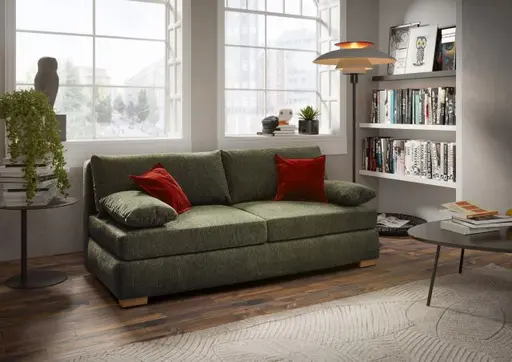 Sofa JELKO - 2-Sitzer inkl. Schlaffunktion mit Bettkasten, Stoff, Dunkelgrün