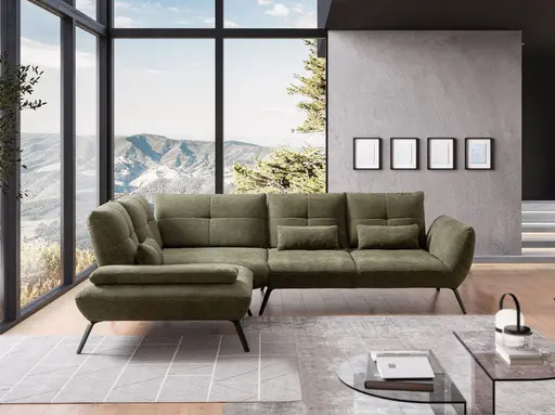 Sofa - 1-Sitzer mit Trapezecke und 3-Sitzer, inkl. Schwenkrücken und Nierenkissen, Stoff, Olive