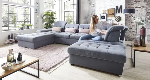 Wohnlandschaft - Longchair links, 3-Sitzer, Ecke rechts inkl. Kopfteilverstellung, Armteilverstellung in Flachgewebe blaugrau