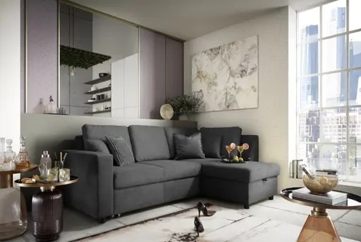 Ecksofa PRO FLEXX - 2-Sitzer, Ecke rechts inkl. Schlaffunktion und Bettkasten, Stoff, Anthrazit