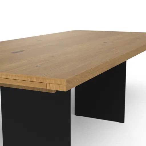 Esstisch 3110 - LB ca. 220x100 cm, ausziehbar,  Asteiche massiv, Geölt, Wange Rohstahl, Schwarz