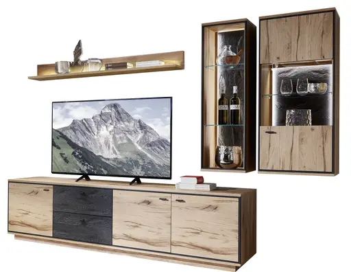 Wohnwand - mit Beleuchtung, Alteiche Furnier, Akzent Spalteiche Carbongrau