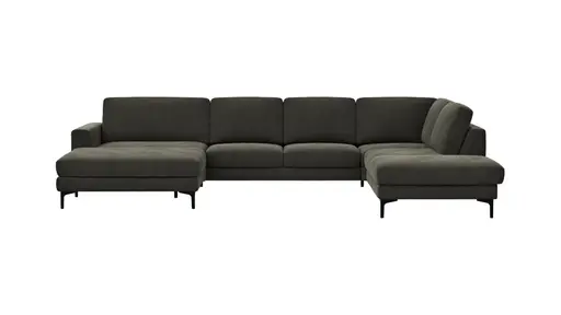 Wohnlandschaft Oviedo - Longchair links mit 2-Sitzer und Ecke rechts, Stoff, Braungrün