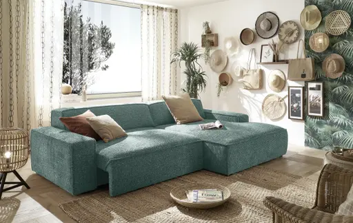 Ecksofa - 2-Sitzer mit Longchair rechts, Sitzvorzug motorisch, Stoff, Petrol