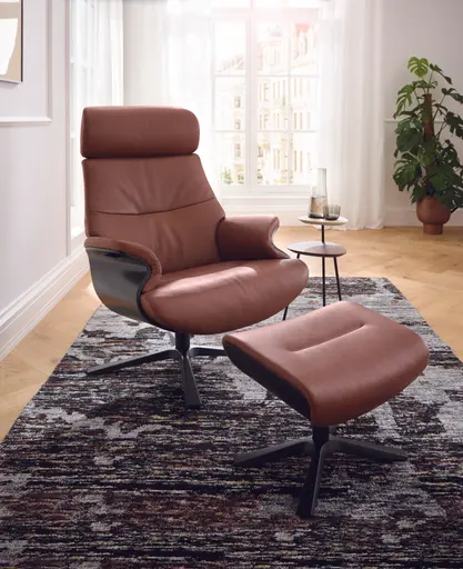 Relaxsessel Avina - Drehbar inkl. Rücken und Kopfteilverstellung, Leder, Cognac, Holzschale Schwarz