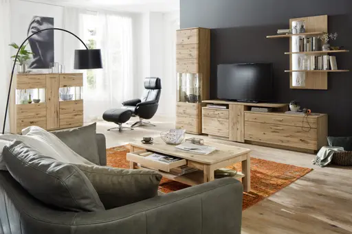 Wohnwand - mit Beleuchtung, Eiche teilmassiv