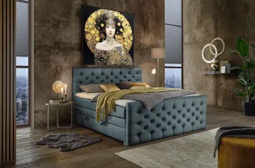 Boxspringbett SANDRIN E- Liegefläche ca. 200x200 cm, Stoff, Graublau, inkl. Stauraum und Fußteil