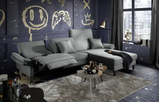 Ecksofa CALM PREMIUM 2.0 - 3-Sitzer mit Longchair rechts, Relaxfunktion motorisch, Armlehne verstellbar, Stoff, Anthrazit