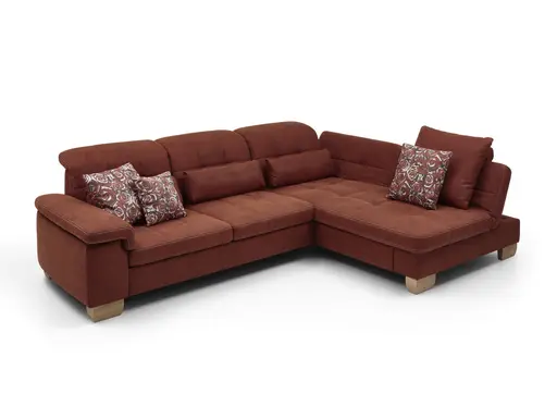 Ecksofa - 3-Sitzer mit Longchair rechts, inkl. Kopfteil/Armlehne verstellbar, Stoff, Rubin
