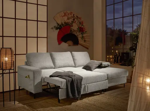 Ecksofa - 2-Sitzer mit Longchair rechts, Stoff, Steingrau
