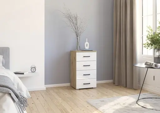 Kommode RHONDA- Eiche Dekor, Weiß, Hochglanz