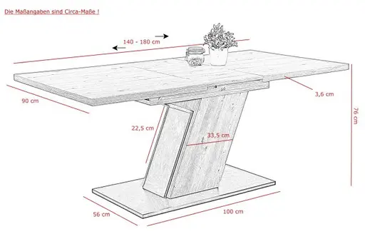 Esstisch - ausziehbar, LB ca. 140x90 cm, Eiche Dekor, Schwarz