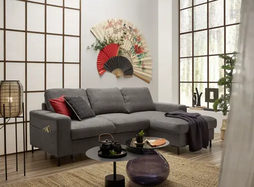 Ecksofa - 2-Sitzer mit Longchair rechts, Stoff, Mocca