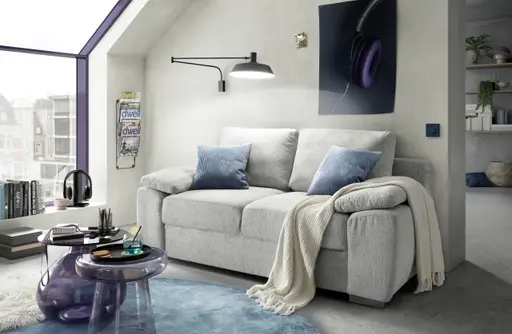 Schlafsofa EMIEL - 2-Sitzer inkl. Schlaffunktion und Bettkasten, Stoff, Hellgrau