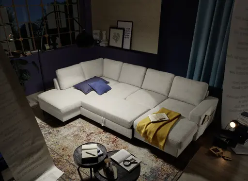 Wohnlandschaft - Ecke links mit 2-Sitzer und Longchair rechts, Stoff, Creme