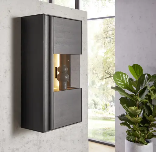 Hängevitrine Estana - inkl. Beleuchtung, Eiche massiv, anthrazit