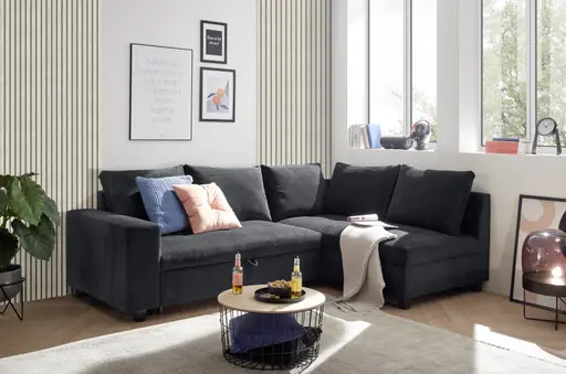 Ecksofa - 2-Sitzer mit Ecke rechts, Schlaffunktion, Cord, Schwarz