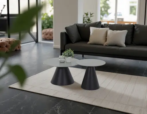 Couchtisch - 2er Set, Marmoroptik grau matt, Schwarz