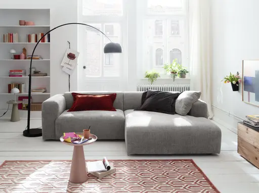 Ecksofa Laja - 1-Sitzer mit Longchair rechts, Stoff, Steingrau