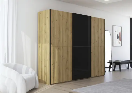 Schwebetürenschrank - B. ca. 271 cm, Front Asteiche massiv, Mitteltür Farbglas Schwarz