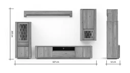 Wohnwand Bakersfield - inkl. Beleuchtung, sichtbare Rückwände mit Holzschindeln/Schubladenfront mit Schroppung, Asteiche massiv, geölt