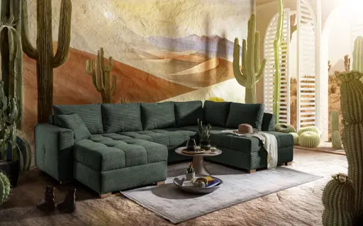 Wohnlandschaft JOSY - Longchair links, 1,5-Sitzer, Ecke rechts inkl. Schlaffunktion mit Bettkasten, Stoff, Grün